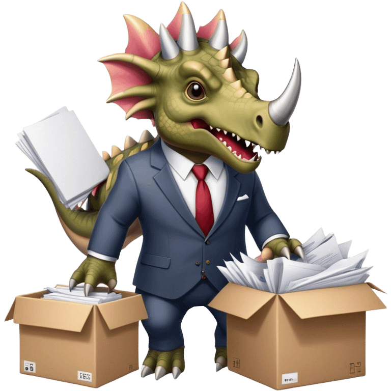 angry office triceratops in a suit holding a huge boxe bursting with a lot of documents and papers emoji