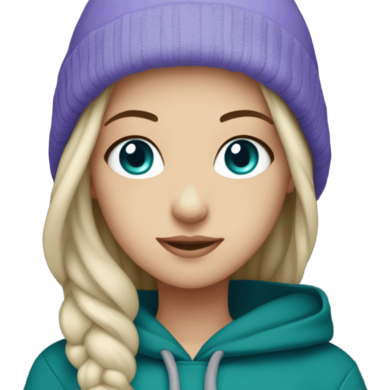 White girl, blue eyes, long teal hair, purple beanie hat, black hoodie emoji