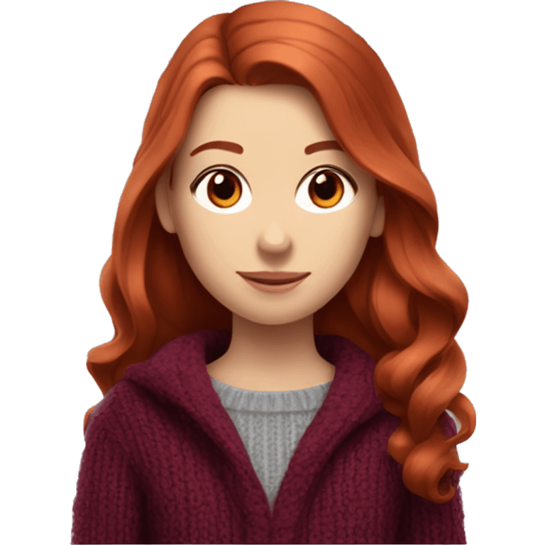 redhead girl with grey eyes with long hair and Dyson styling in a burgundy sweater and a rat on her shoulder emoji