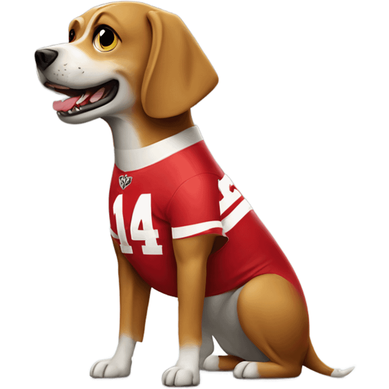 Dog with a shark fin on his back wearing Nebraska Cornhusker jersey  emoji