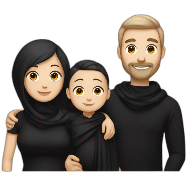 Daddy with white skin tone wear black tshirt and wife with sane skin tone wear black long blaus,black shawl and his baby wear black tshirt emoji