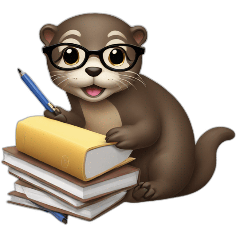 Otter with round glasses holding multiple journals, planners and pens emoji