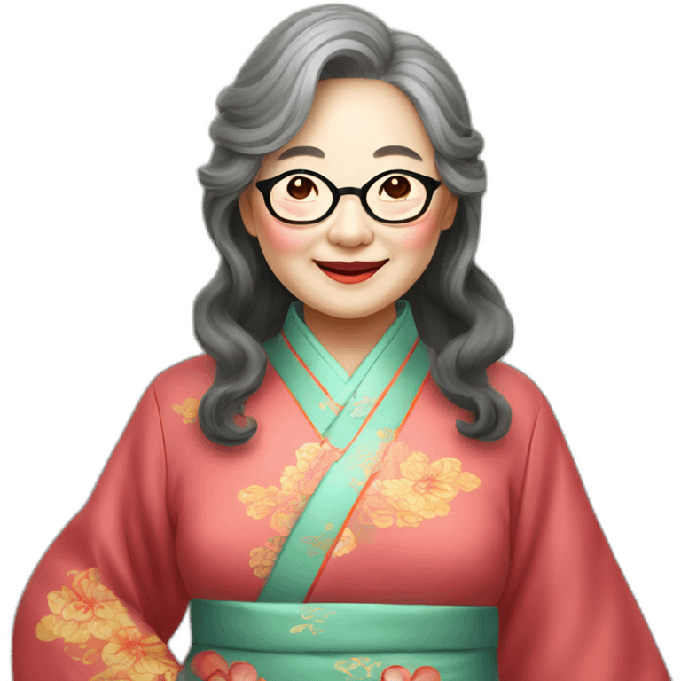 Chinese seniors lady wear glasses has wavy long hair wear Chinese traditional dress show appreciation sign emoji