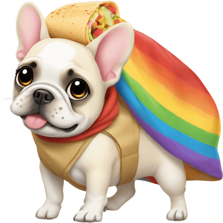 Cream French Bulldog wearing a burrito costume walking on a rainbow emoji