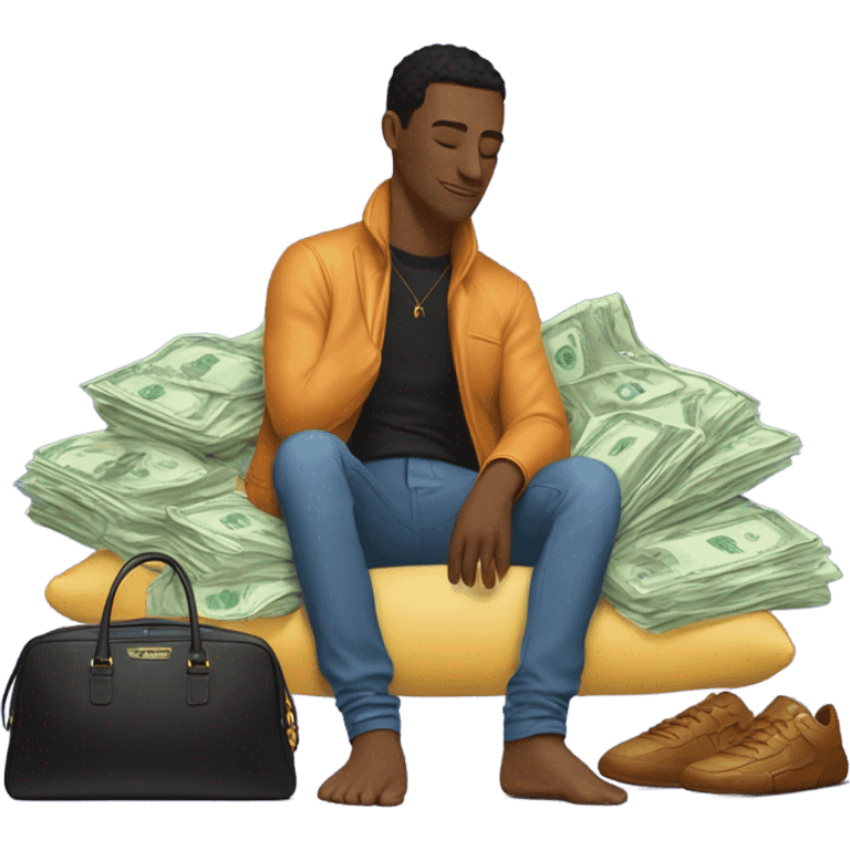 man sleeping on pillow and dreaming about a Porsche, money, birkin bag, credit card and luxury clothing brand bags emoji