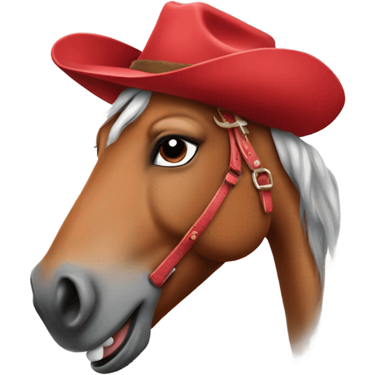 Smiling horse wearing a red cowgirl hat emoji