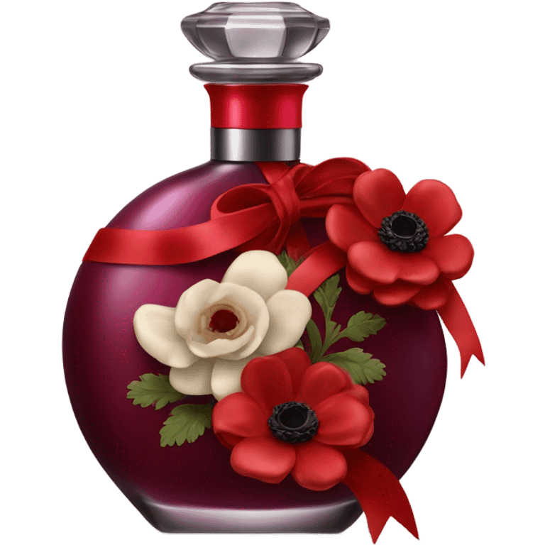 Dark red romantic perfume bottle with red anemones and a silk red ribbon emoji