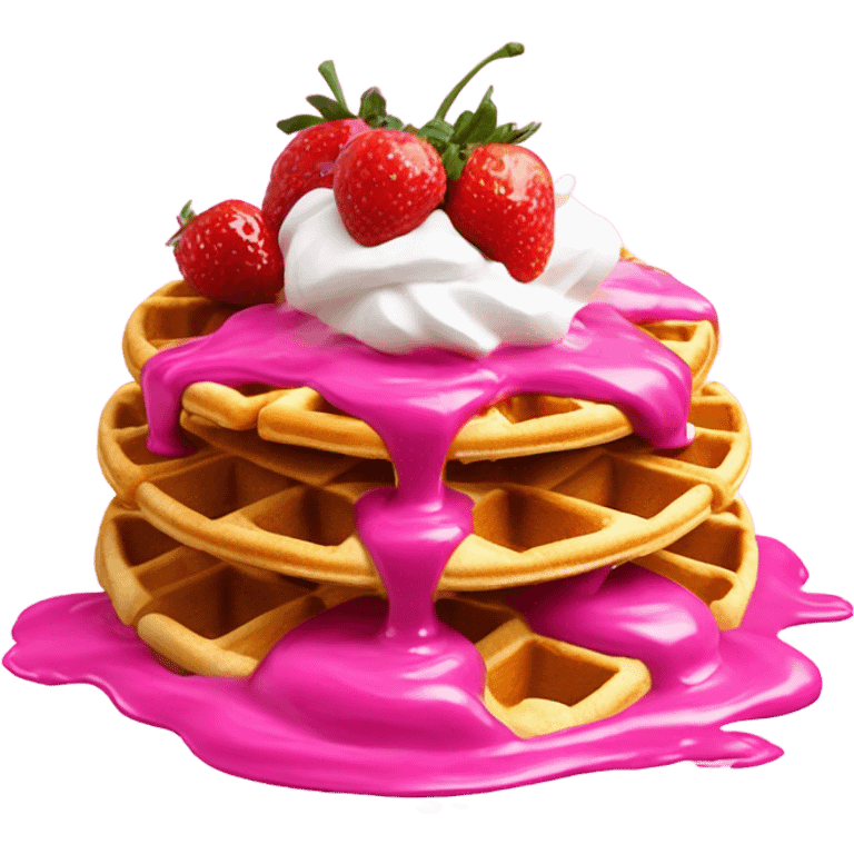 waffles with hot pink syrup garnished with strawberries and pink whip cream    emoji