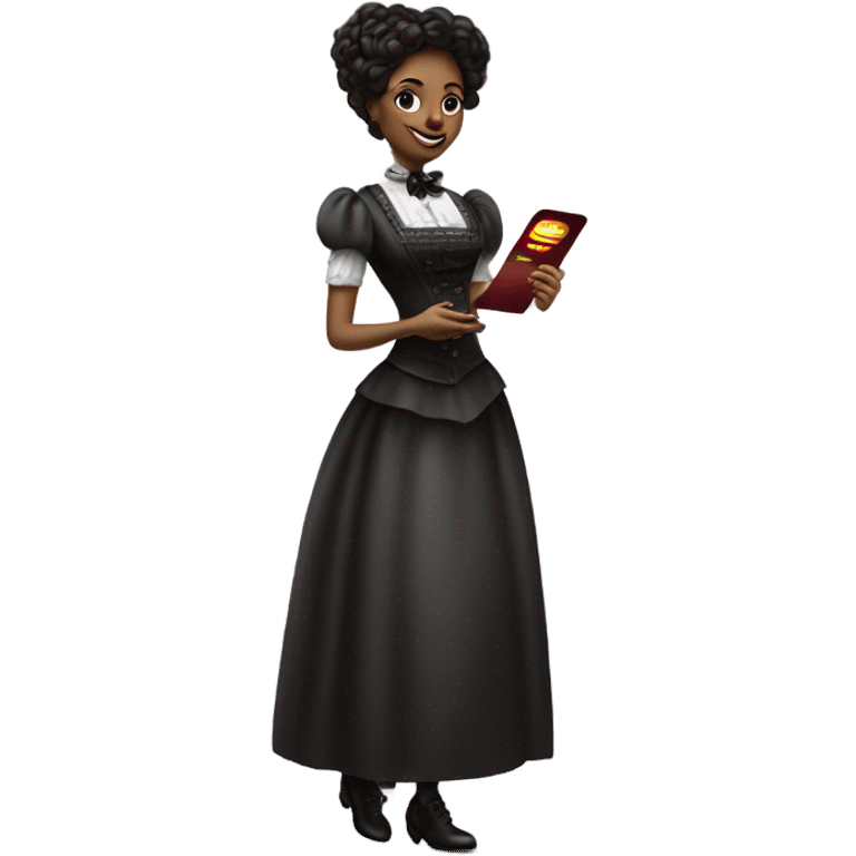 galora waitress in Victorian dress elegant, full body, holding big credit card emoji