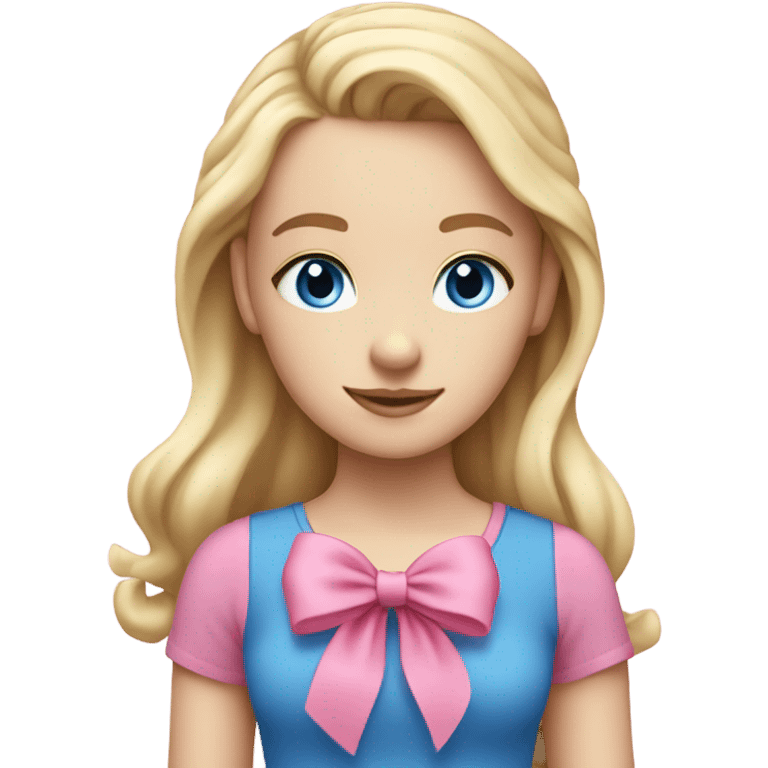 pale girl with blue eyes and blonde hair wearing a pink shirt and a pink hair bow emoji