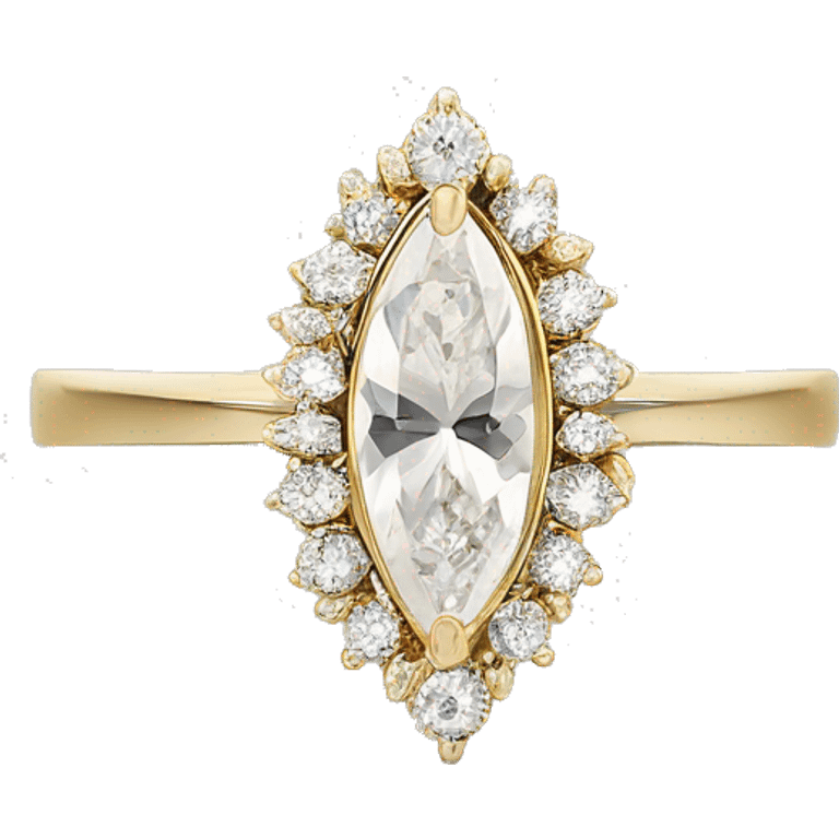 A marquise diamond ring with a vintage floral halo, small diamonds around the center stone, and a thin gold band.  Elegant and timeless. With a diamond gap wedding band emoji