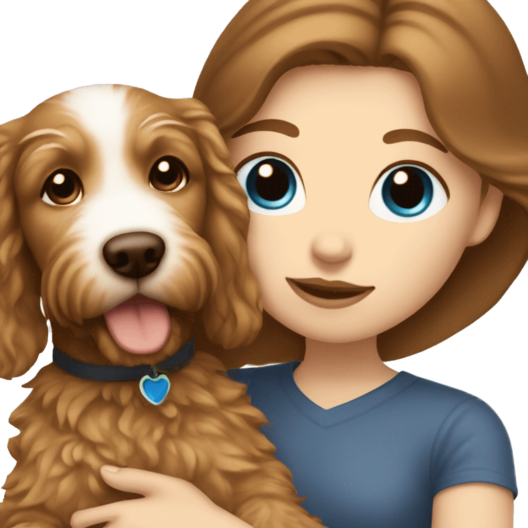 white girl with long, straight brown hair and blue eyes holding a golden doodle puppy  emoji