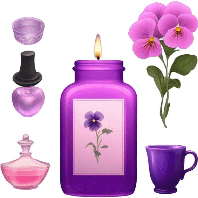 A cozy aesthetic: a dark purple candle in a glass jar, pink pansies, a violet vintage perfume bottle, and a pink cup of steaming tea. emoji