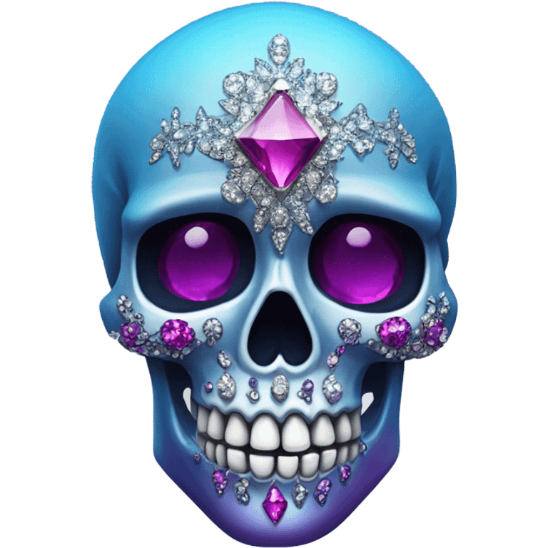 Realistic isolated pretty metallic magenta ,light blue,and dark purple ombre decorative filigree Skull with shiny diamonds and rhinestones on it. emoji