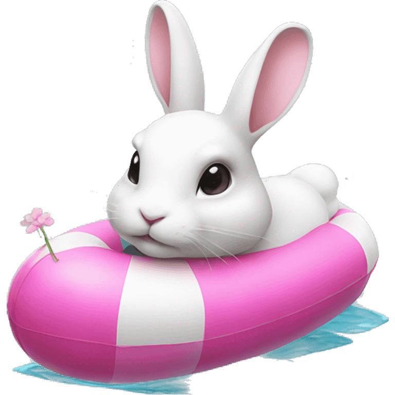 white rabbit wearing a swimming float, pink flower in her ear emoji