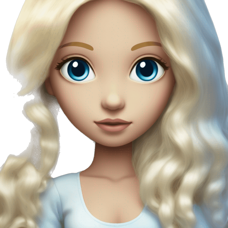 ocean blue doll eyes, blonde glowing silky long hair, girl, feminine, fragile, pink, angelic, in love emoji