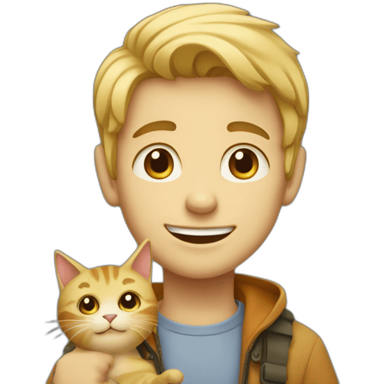 a cheerful boy with blond hair and a cat emoji