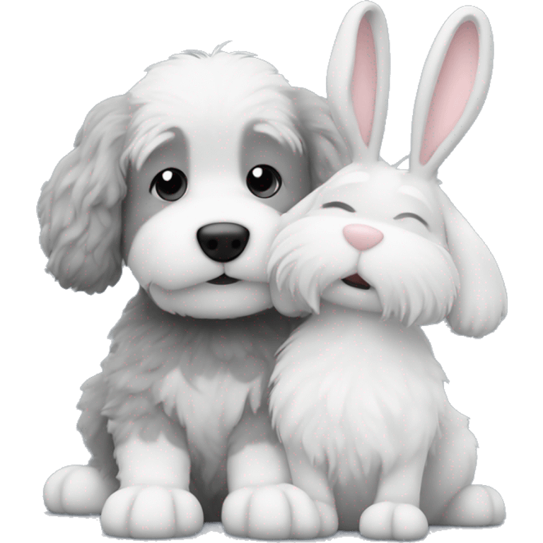 Grey and white fluffy dog petting a bunny ￼ emoji