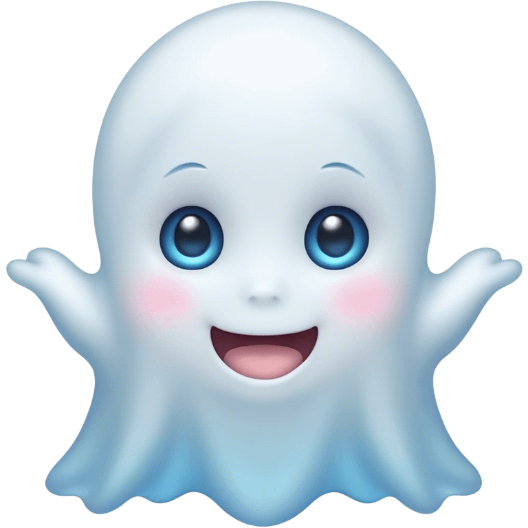 Cinematic Cute Ghost Portrait Emoji, with a playful, rounded translucent form in soft pastel whites and blues, featuring large, sparkling eyes and a gentle, mischievous smile, simplified yet irresistibly endearing, highly detailed with a soft glowing outline that captures the charm of a friendly spirit ready to float into your heart! emoji