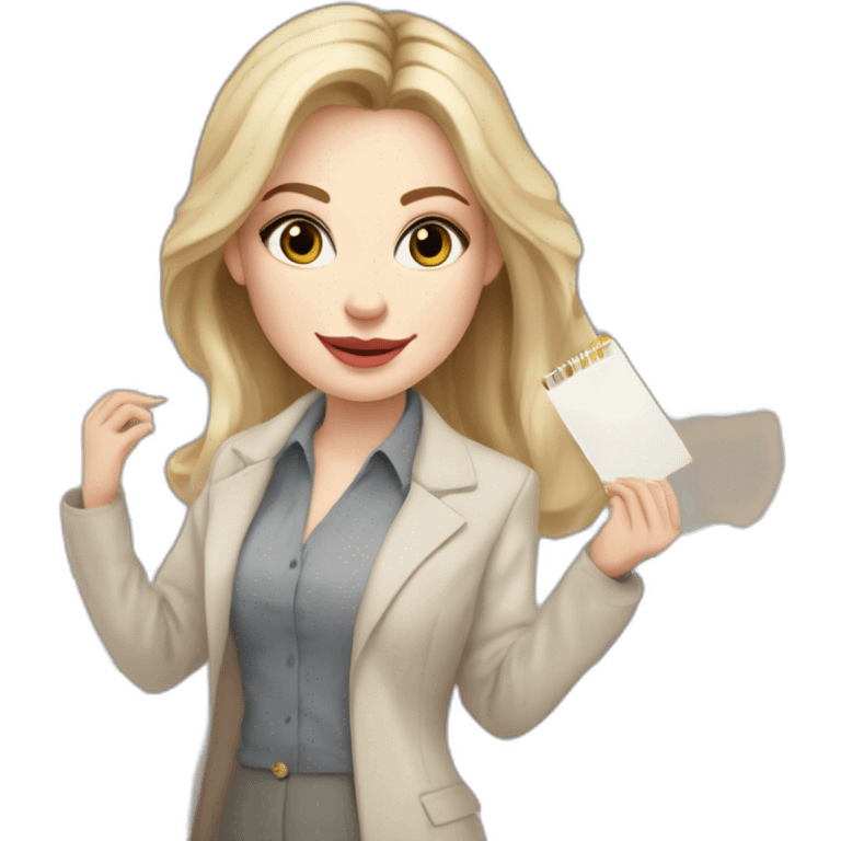 pale skin woman interior designer with cold blonde middle length hair, gray eyes, beige blouse, White oversize jacket, Gray skirt holding a color palette in the hands emoji