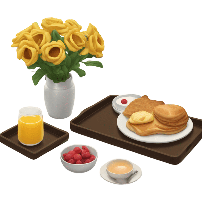 Breakfast on bed tray with three flowers in small vase  emoji