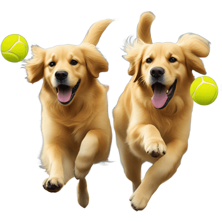 two twin golden retrievers playing with a tennis ball emoji