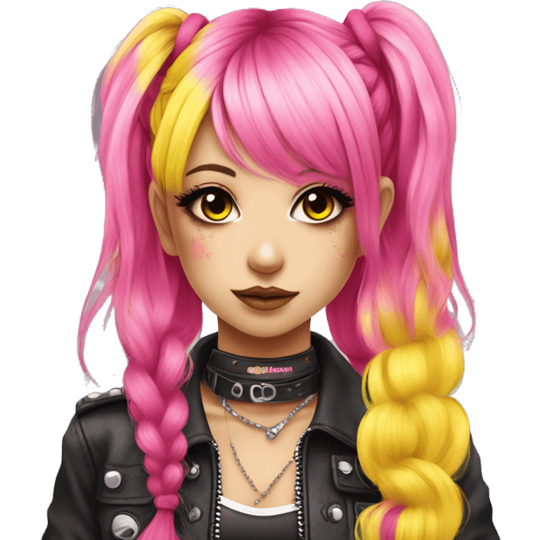 hime gyaru girl, hot pink and yellow split-dyed hair, dark makeup, punk clothes emoji