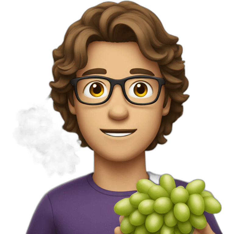 Young brown haired men with glasses throwing grape emoji