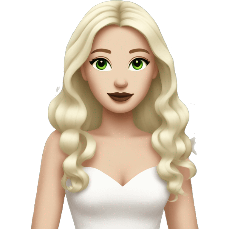 White bride with long light blonde hair and dark green eyes with light pink peonies in hair white skin and pink lips  emoji