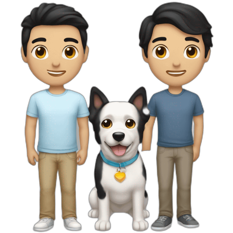 gay-couple,-1-guy-straight-black-hair-and-1-australian-white-guy-with-blackhair-slightly-curly-holding-a-dog emoji