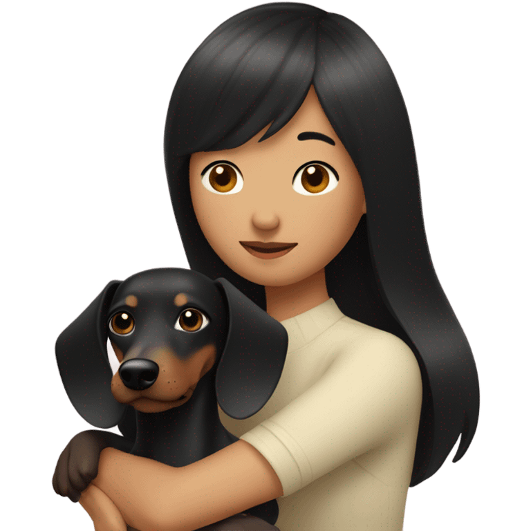 Asian woman with black bob bangs hugging black dachshund emoji