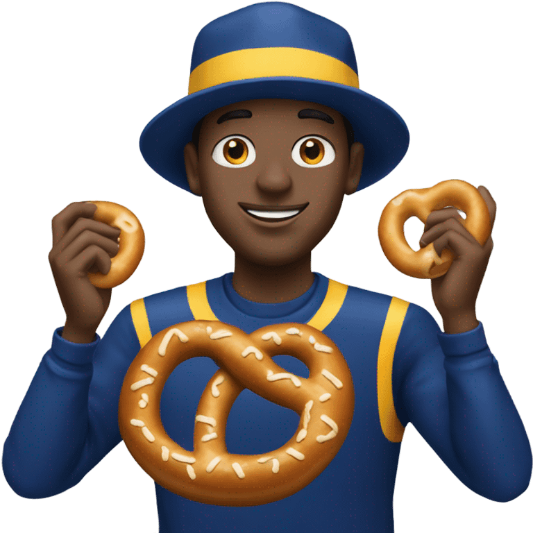 wearing a la rams hat, holding a pretzel emoji