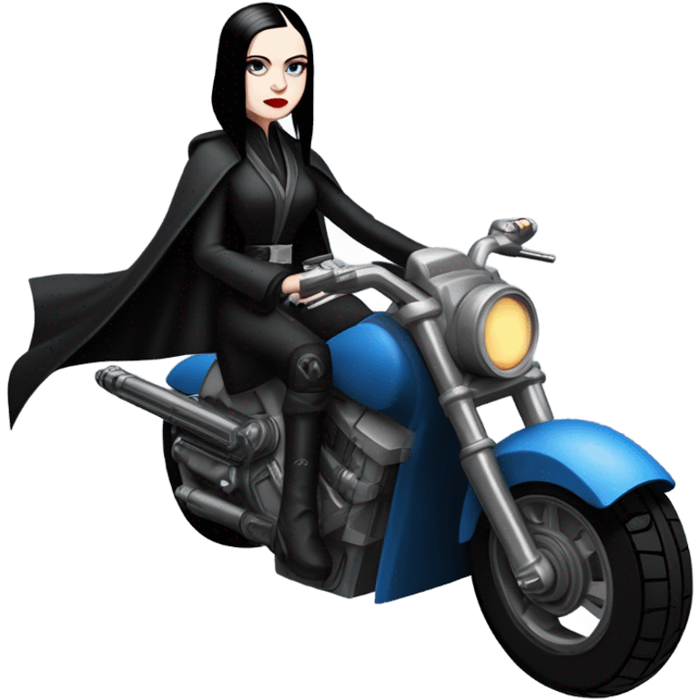 Wednesday Addams Jedi bounty hunter sitting in a modern blue,red and pewter steampunk electric luxury motorcycle  emoji