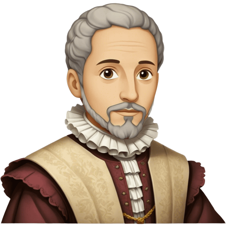 Cinematic Realistic Miguel de Cervantes Portrait Emoji, depicted as a wise thoughtful literary figure in period attire with a reflective gaze, rendered with detailed textures and soft historical lighting that captures his enduring literary legacy. emoji