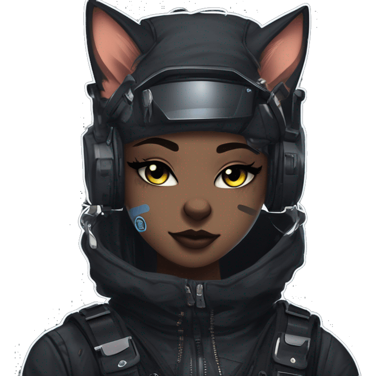 Gorgeous dark techwear cyberpunk style sona anthro cat, aesthetic, and pretty edgy black with collar and harness, trending style emoji