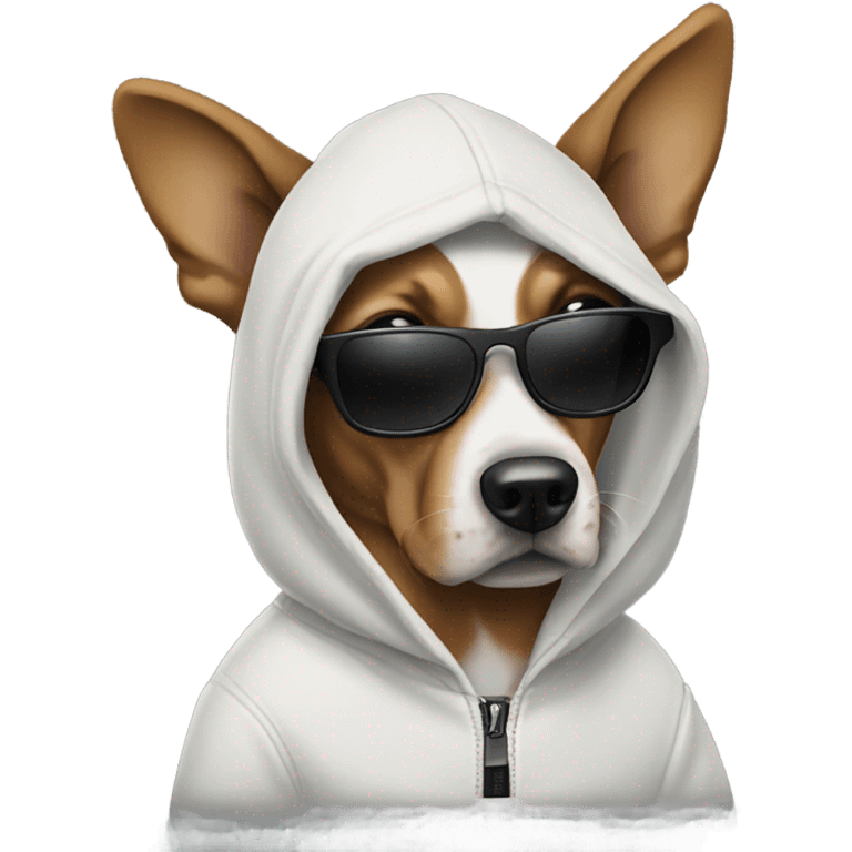 Dog with a hoodie and black sunglasses with a Glock emoji