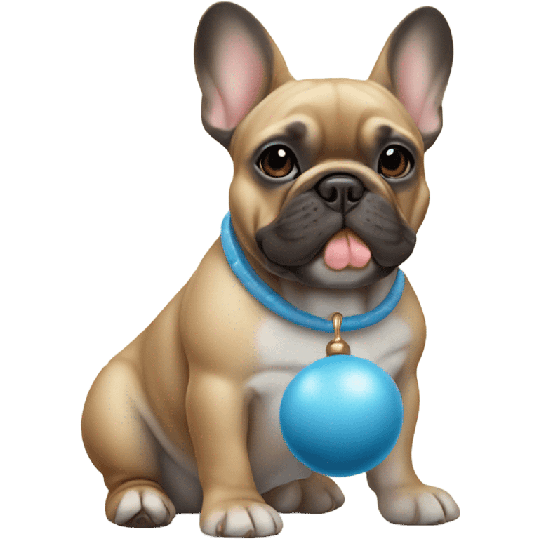 A blue and tan French bulldog with a baby rattle emoji