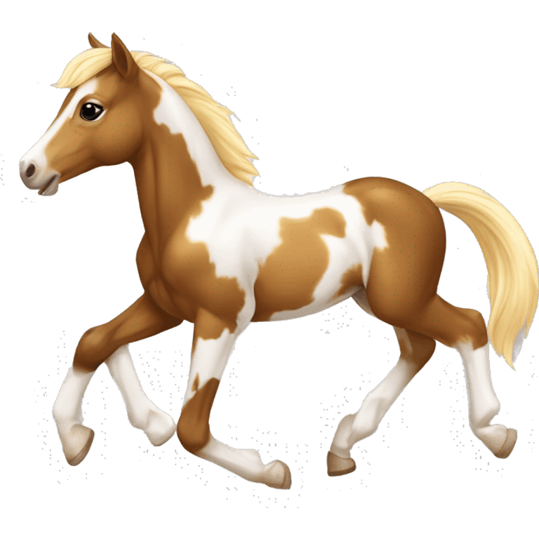 Piebald tricolor palomino yellow brown horse foal with dark brown splotches white patches baby running emoji