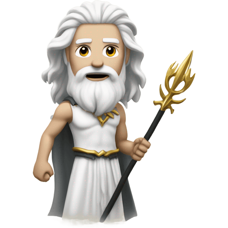 white man Poseidon with gold trident. long white hair white dress. black soot on face emoji