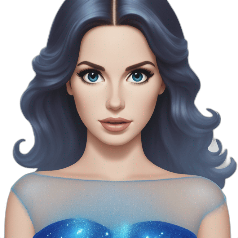 Lana Del Rey casting a spell com um vestido transparente azul cintilante tomara que caia rasgado e transparente tecido fino apertado colado. Há detalhes no bojo que destacam com brilhos. emoji