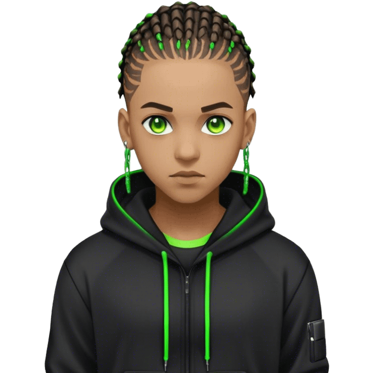 Light skinned African American male with green eyes as a cyberpunk hacker with cornrows hairstyle but short cornrows  emoji