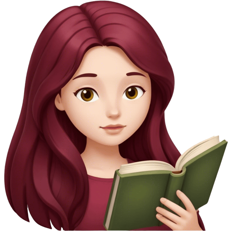 A beautiful, burgundy long haired girl reading a book emoji