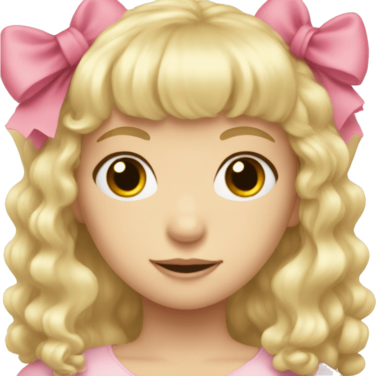 Blonde, pale girl with bangs and curly, long hair with pink bow emoji