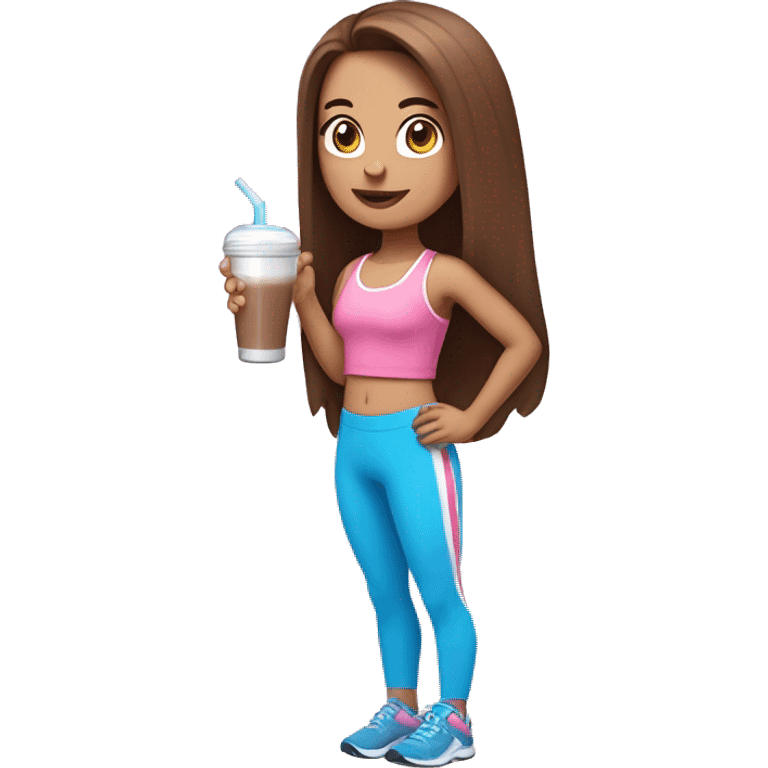 a girl with brown long straightened hair and blue eyes with pink leggings and pink sports top with a protein shake in her hand emoji