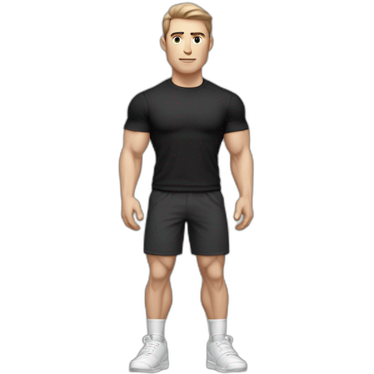 Pale skinned Fit Man With the biceps and dark brown hair in black shirt, gray sports shorts and white Sneakers His right hand near his back of the head emoji