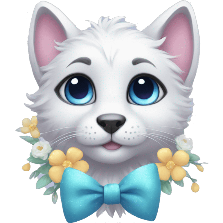 Anthro Cute Cool Pastel Kawaii gorgeous sparkly ethereal fantasy animal creature with blue eyes furry sona with flowers and bow tie beautiful aesthetic emoji