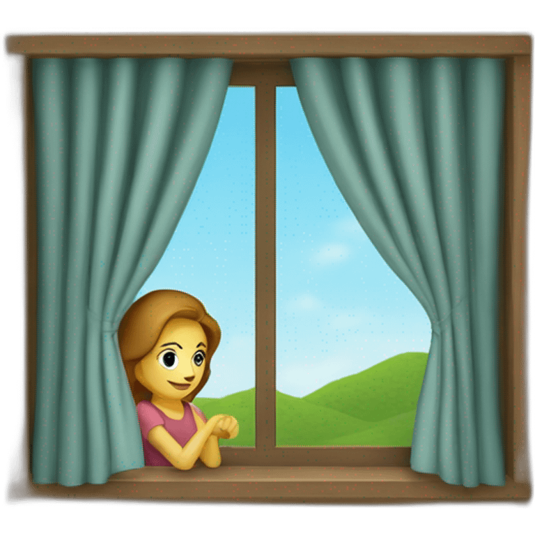 Mujer poniendo cortinas de tela en su ventana emoji