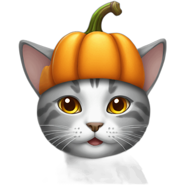 Grey cat with white spots wearing a pumpkin hat emoji