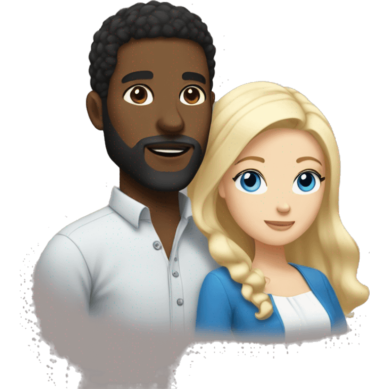 Black man with beard and black hair with brown eyes kissing woman with white skin and blonde hair with blue eyes emoji