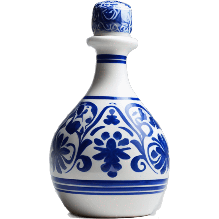 The Clase Azul Tequila bottle is tall and hourglass-shaped, with a wide base that tapers towards the neck. Its white ceramic body is decorated with cobalt blue floral designs, and it’s topped with a gray, bell-shaped stopper that curves inward. emoji